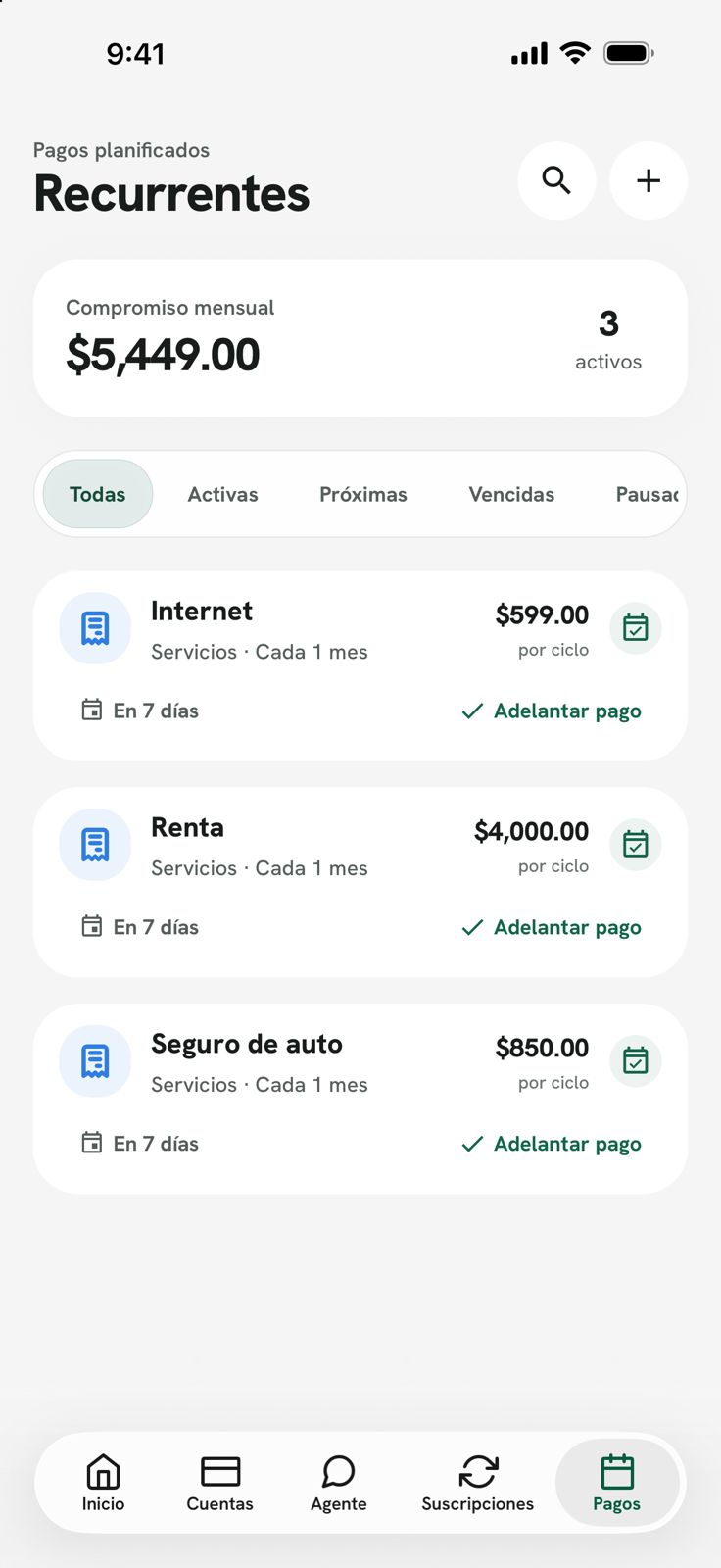 FinanciaApp en iPhone: pagos recurrentes